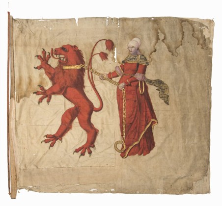 Fahne: Banner von Frauenfeld mit dem «Fräuli mit Leuli», dem Wappen der Stadt Frauenfeld